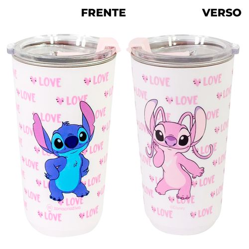 Copo Sky C/ Tampa Stitch Love 500ml em Aço Inox Zona Criativa