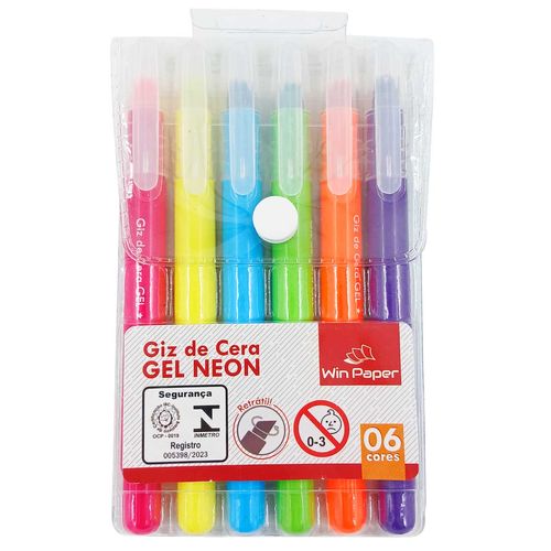 Jogo de Giz de Cera Gel Neon 6 Cores em Plástico Wincy