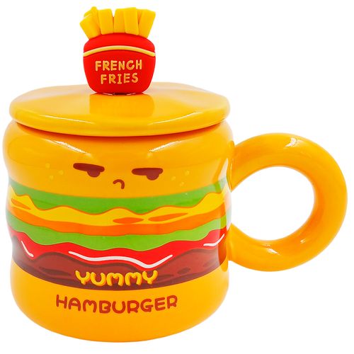 Caneca Hambúrguer C/ Tampa + Colher 400ml em Cerâmica Lila Cosméticos