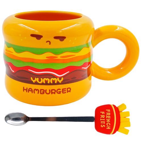 Caneca Hambúrguer C/ Tampa + Colher 400ml em Cerâmica Lila Cosméticos