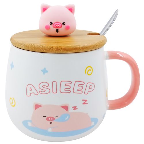 Caneca Porquinho C/ Tampa Bambu 400ml em Cerâmica Lila Cosméticos