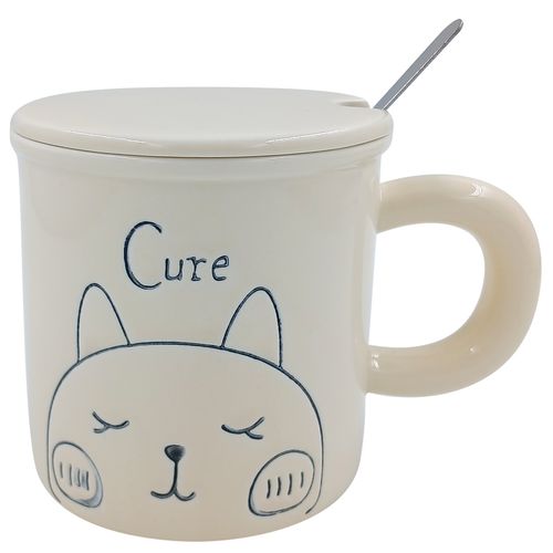 Caneca Gatinho C/ Colher 400ml em Cerâmica Lila Cosméticos