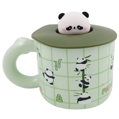Caneca Panda C/ Tampa Silicone 360ml em Cerâmica Lila Cosméticos