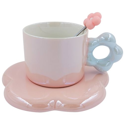 Caneca Flor C/ Colher 220ml em Cerâmica Lila Cosméticos