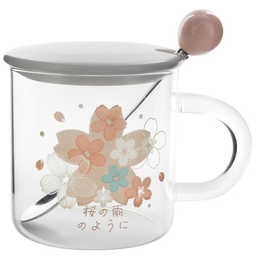 Caneca Sakura C/ Colher 400ml em Vidro Lila Home