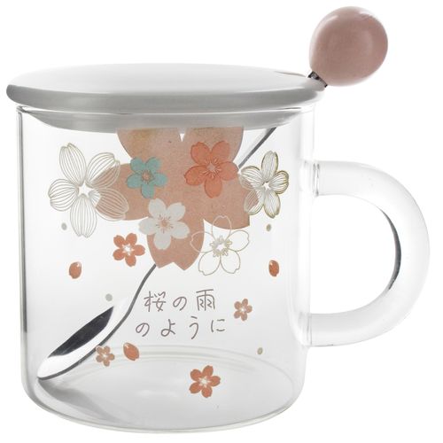 Caneca Sakura C/ Colher 400ml em Vidro Lila Home