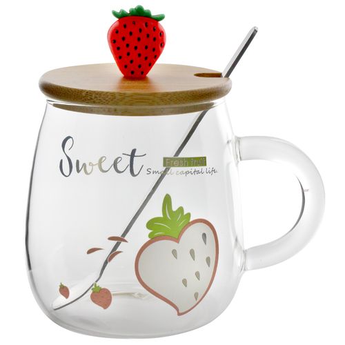 Caneca Morango C/ Colher 450ml em Vidro Lila Home