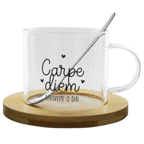 Caneca C/ Pires Bambu 250ml em Vidro Fu Xing