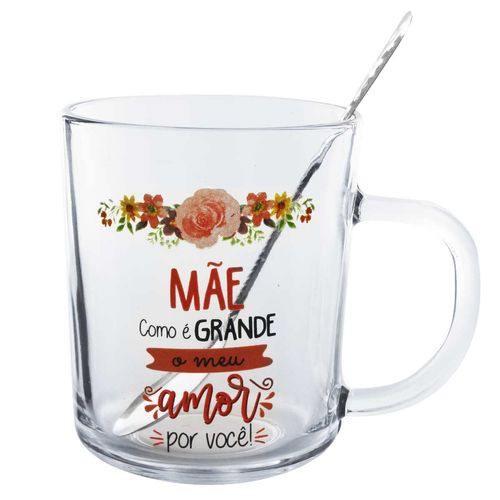 Kit Caneca Mãe C/ Colher 250ml em Vidro Fu Xing