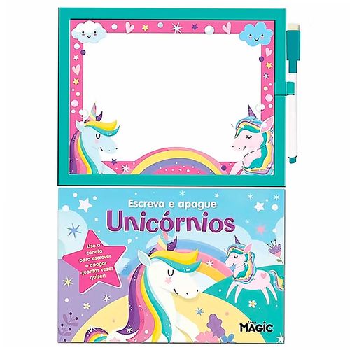 Livro Escreva E Apague C/ Lousa Unicórnios 31x21cm em Papel Magic Kids