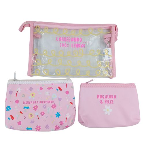 Kit Nécessaire Flor 3 Peças em PVC Qualis