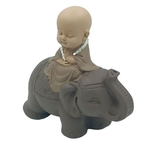 Monge Buda no Elefante 13cm em Resina Brascontinental