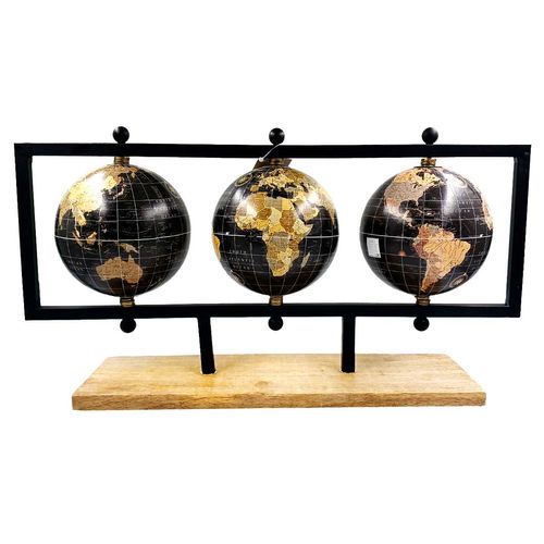 Trio Globo Terrestre C/ Base Madeira 49,5cm em Plástico Mai Home