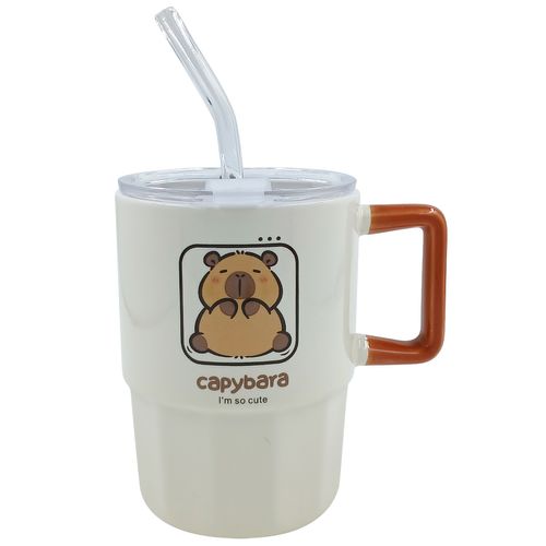 Caneca Capivara C/ Canudo 420ml em Cerâmica Lila Home