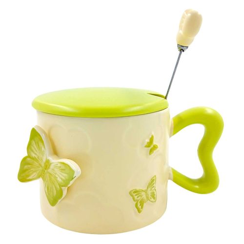Caneca Borboleta C/ Colher 350ml em Cerâmica Lila Cosméticos