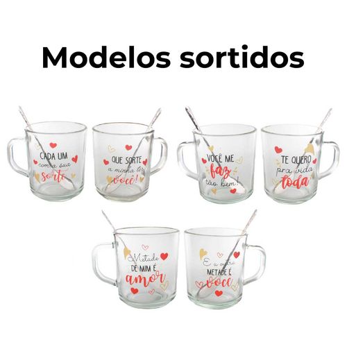 Kit Canecas C/ Colheres 4 Peças 250ml em Vidro Fu Xing