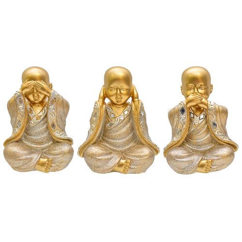 Trio de Buda Decorativo 8,9cm em Resina Brascontinental