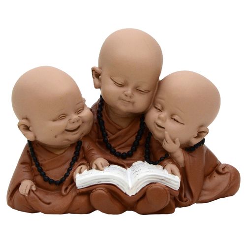 Trio de Monges Lendo Decorativo 13x9cm em Resina Brascontinental