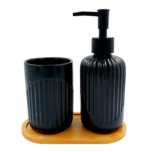 Kit Banheiro C/ Bandeja Bambu 3 Peças em Porcelana FWB