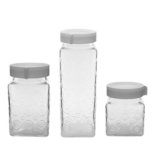 Jogo de Potes Floral 3 Peças em Vidro Fu Xing