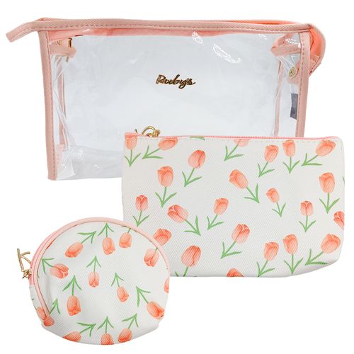 Kit Nécessaire Flores 3 Peças 25x15,5cm em Poliéster Rubys