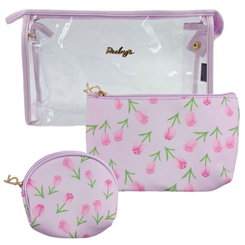 Kit Nécessaire Flores 3 Peças 25x15,5cm em Poliéster Rubys