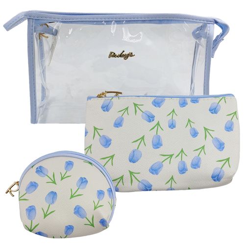 Kit Nécessaire Flores 3 Peças 25x15,5cm em Poliéster Rubys