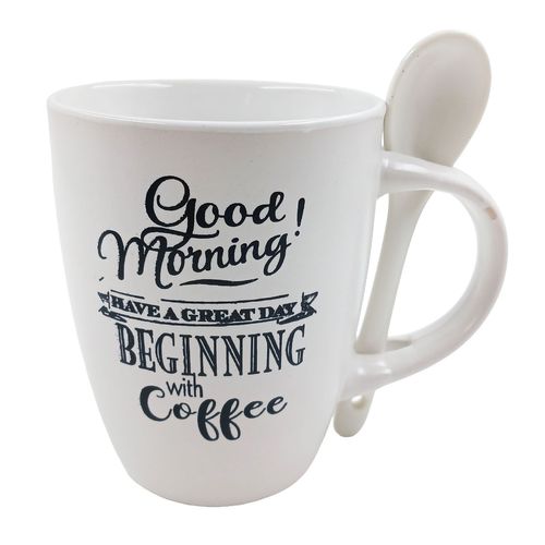 Caneca C/ Colher Good Day 330ml em Cerâmica Wellmix