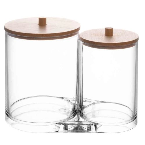 Porta Algodão Duplo C/ Tampa Bambu 15x12cm em Plástico Moment