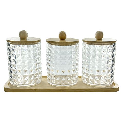 Porta Algodão Triplo C/ Tampa e Bandeja Bambu 11cm em Plástico Moment