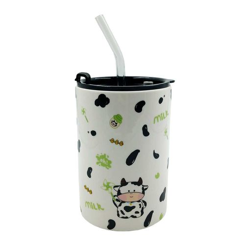 Copo C/ Canudo Vaquinha 500ml em Cerâmica Lila Cosméticos