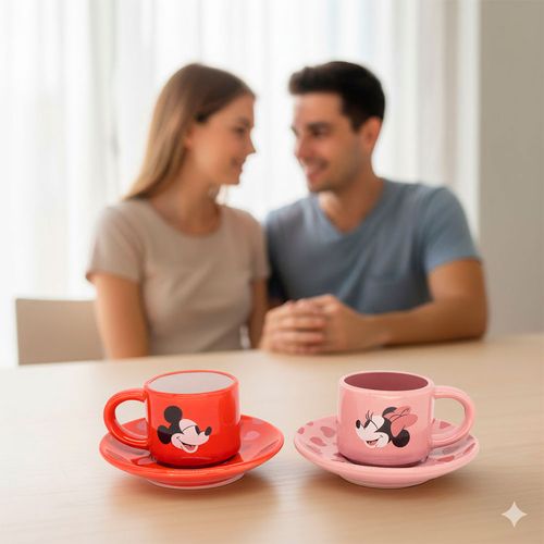 Jogo de Caneca Mickey e Minnie 50ml 4 Peças em Cerâmica Zona Criativa