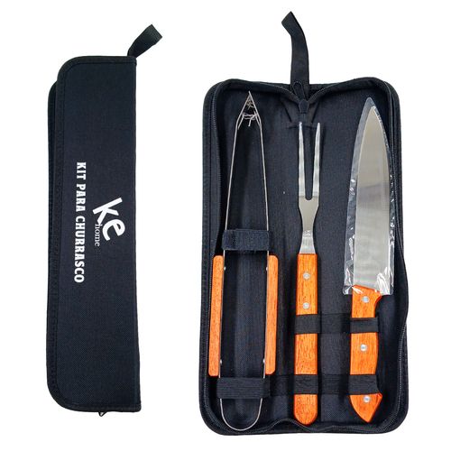 Kit Churrasco C/ Bolsa 3 Peças em Inox Kehome