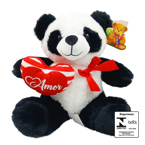 Panda de Pelúcia C/ Coração 25cm em Poliéster Fizzy