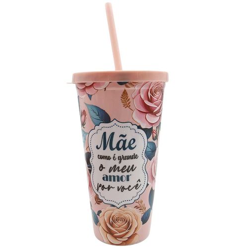 Copo Mãe Floral C/ Canudo 600ml em Plástico Interponte