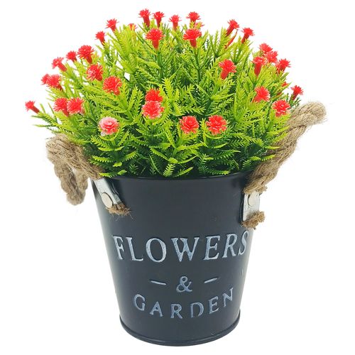 Vaso Balde Decorativo C/Flor Artificial 17cm em Metal Megagift