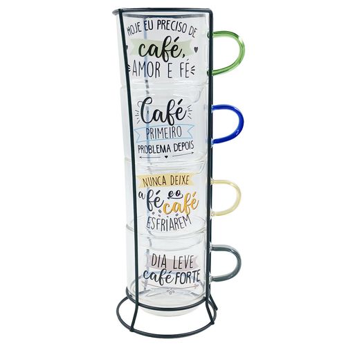 Jogo de Canecas 4 Peças + Suporte 150ml em Vidro Fu Xing