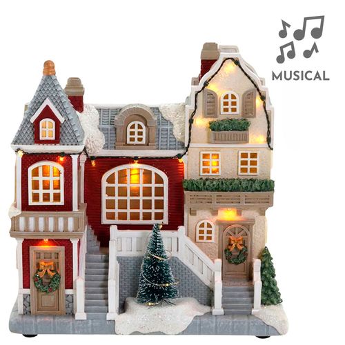Cenário Casa Natalina Musical C/ LED 28cm em Resina Mabruk