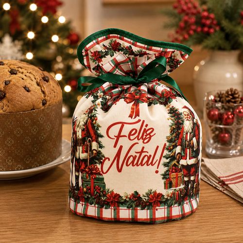Porta Panetone Feliz Natal 27,5x15cm em Poliéster NSW NAC