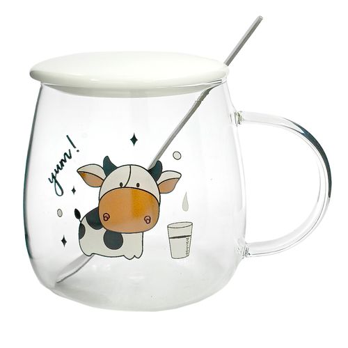 Xícara C/ Pires Funny Cow 500ml em Vidro Lila Home