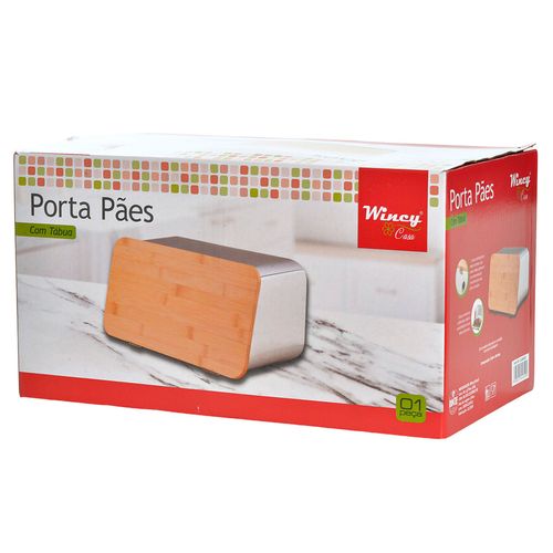 Porta Pães C/ Tampa 39x19x17cm Metal em Bambu Wincy