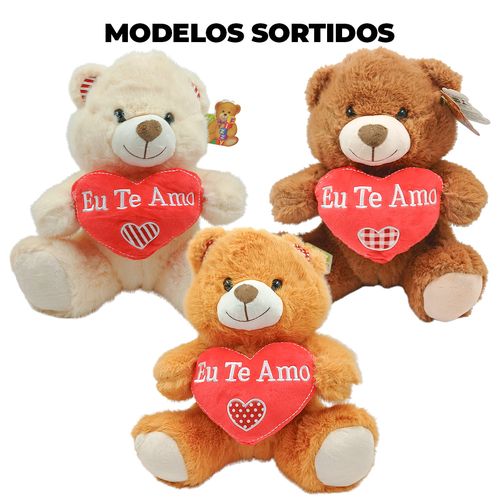 Urso de Pelúcia Coração 30cm em Poliéster Fizzy