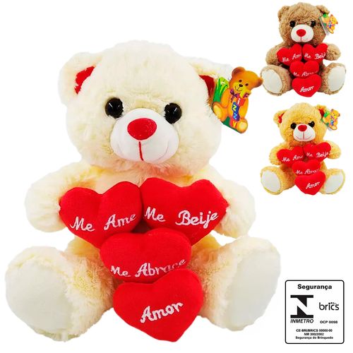 Urso de Pelúcia C/ 4 Corações 24x25cm em Poliéster Fizzy