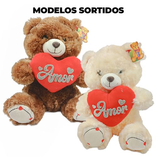 Urso De Pelúcia Coração 35x26cm cm em Poliéster Fizzy